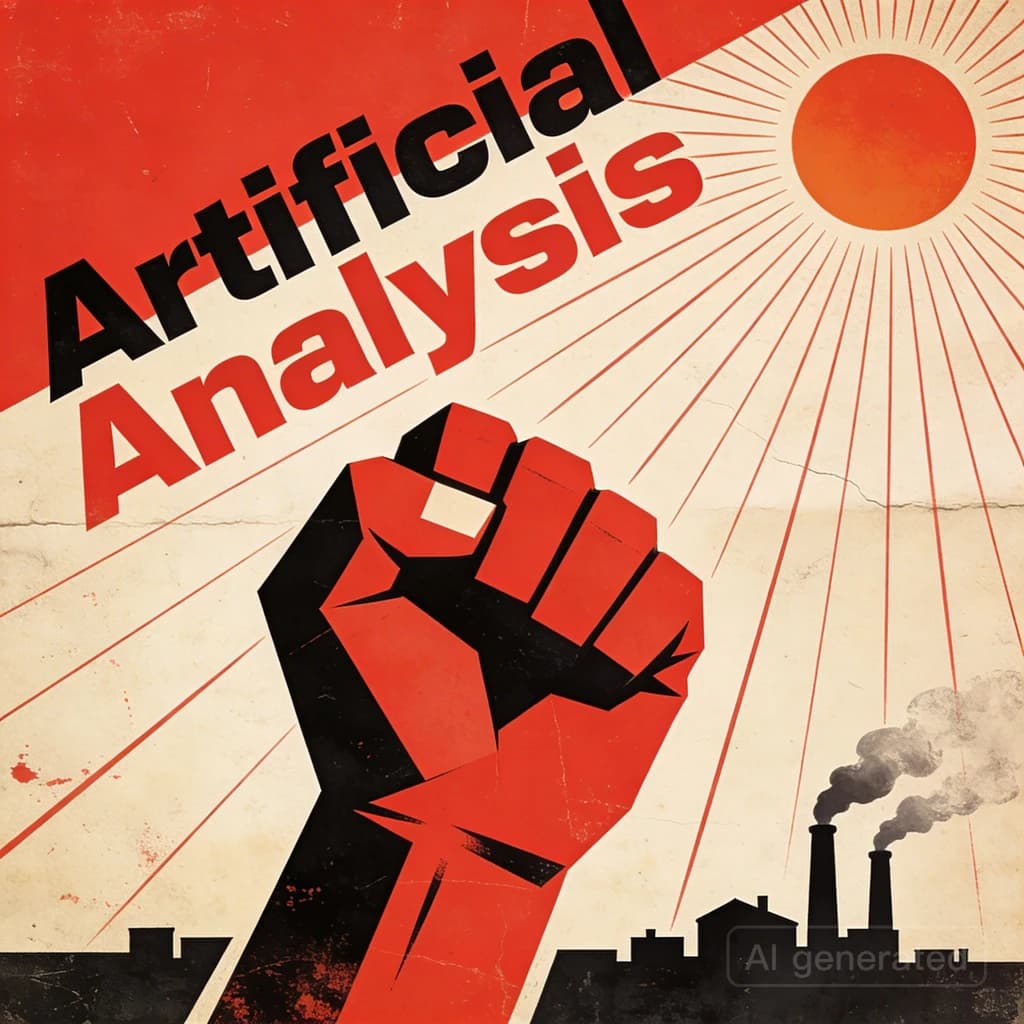 A propaganda poster in stark red, black, and beige. A clenched fist rises in the foreground, rendered with sharp geometric blocks. Behind it, radiating lines stretch upward toward a stylized sun. At the top, bold sans-serif lettering in Cyrillic-inspired type spells out Artificial Analysis, tilted at an angle for emphasis. A factory skyline silhouettes the bottom edge, smoke stacks rising into the background. The texture is rough, printed on aged paper with visible creases and ink bleed. Designed in the constructivist Soviet poster style.