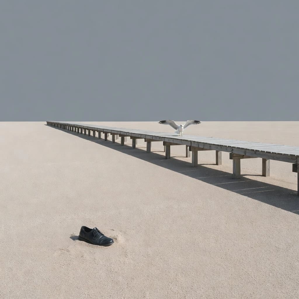 The beach is flat, sand beige, granular, no shells, except for a single left shoe, black leather, size eleven, half buried at an angle. The pier extends straight into the water, wood untreated, grain visible, though the support posts vanish before they touch the surface. The sky is uniformly gray, no clouds, yet shadows stretch at sharp diagonals. A single gull sits on the railing, wings outstretched, frozen mid-flap, no movement.