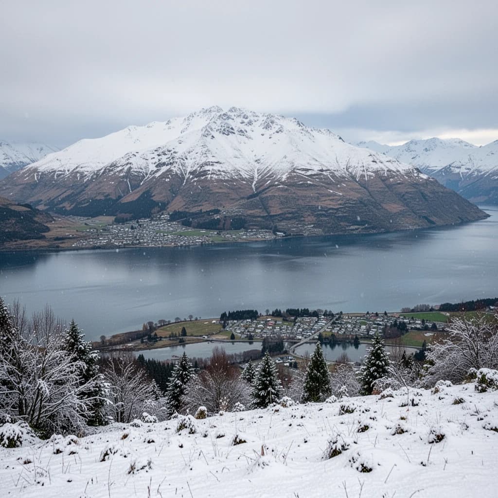Queenstown's Lake Wakatipu, viewed from the top of Queenstown Hill after a snowstorm just dusted the top of Cecil's Peak
