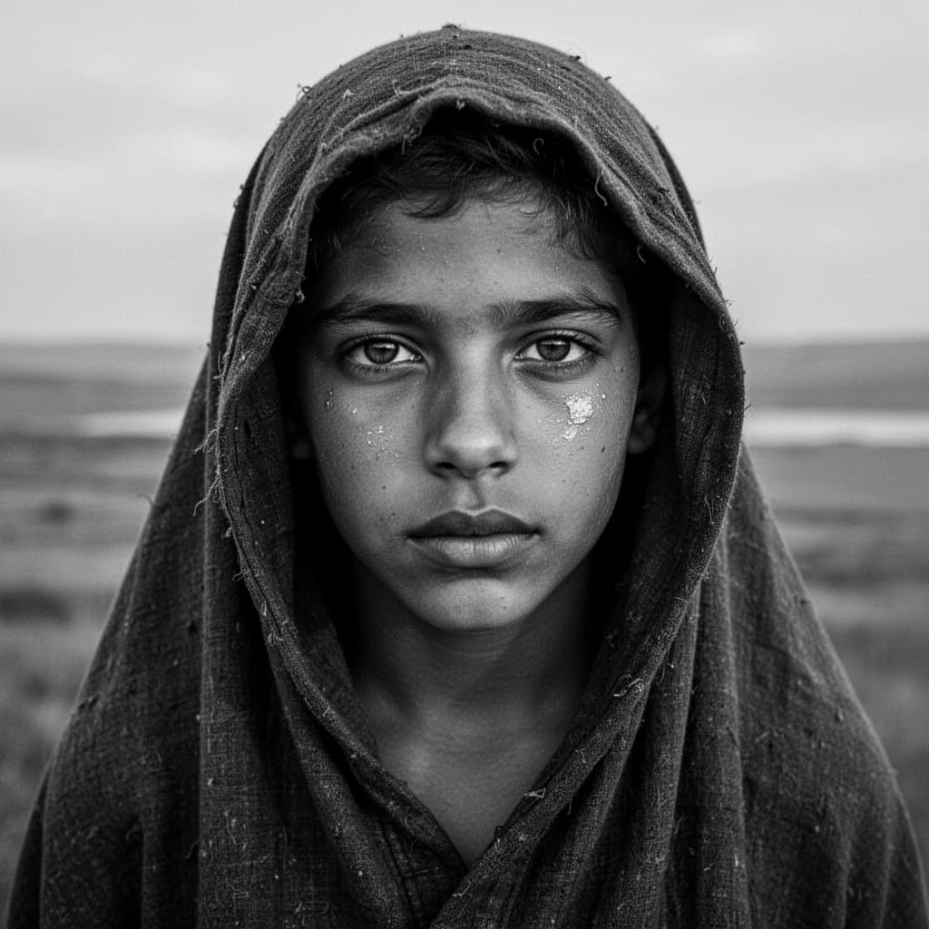 A dramatic black-and-white portrait of a young person draped in a hooded garment, their face framed by the hood's dark folds. Their skin tone and the subtle sheen on their cheeks create striking tonal contrast against the deep shadows. Their eyes are piercing, looking directly into the lens with a calm, steady intensity—neither confrontational nor submissive, but deeply present. The texture of the fabric is visible: it's dense, slightly weathered, and whisper-thin creases catch the light. In the background, an expansive, out-of-focus landscape suggests open space—perhaps distant plains or water—though the details remain soft and abstract. The overall mood is silent yet powerful, poised between vulnerability and resilience, with every highlight and shadow telling part of their story.