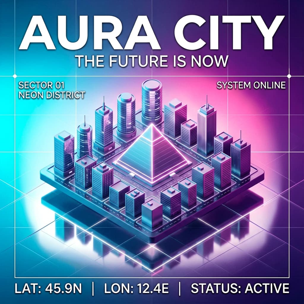 Render an isometric city poster with geometric buildings, neon gradients, gloss highlights, soft AO shadows, clean sans-serif lettering, grid layout, reflections a bit overexposed.