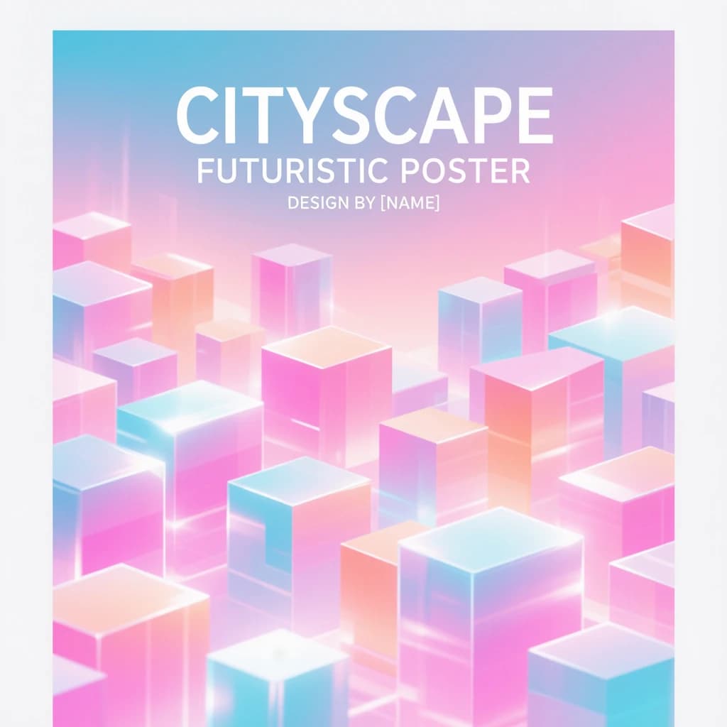 Render an isometric city poster with geometric buildings, neon gradients, gloss highlights, soft AO shadows, clean sans-serif lettering, grid layout, reflections a bit overexposed.