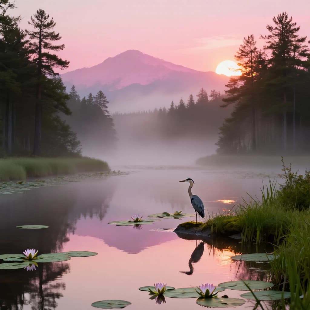 With pre-dawn mist along a cedar forest river and glassy water dotted with lily pads, distant mountains blush pink, and a heron stands still like it forgot what to do next.