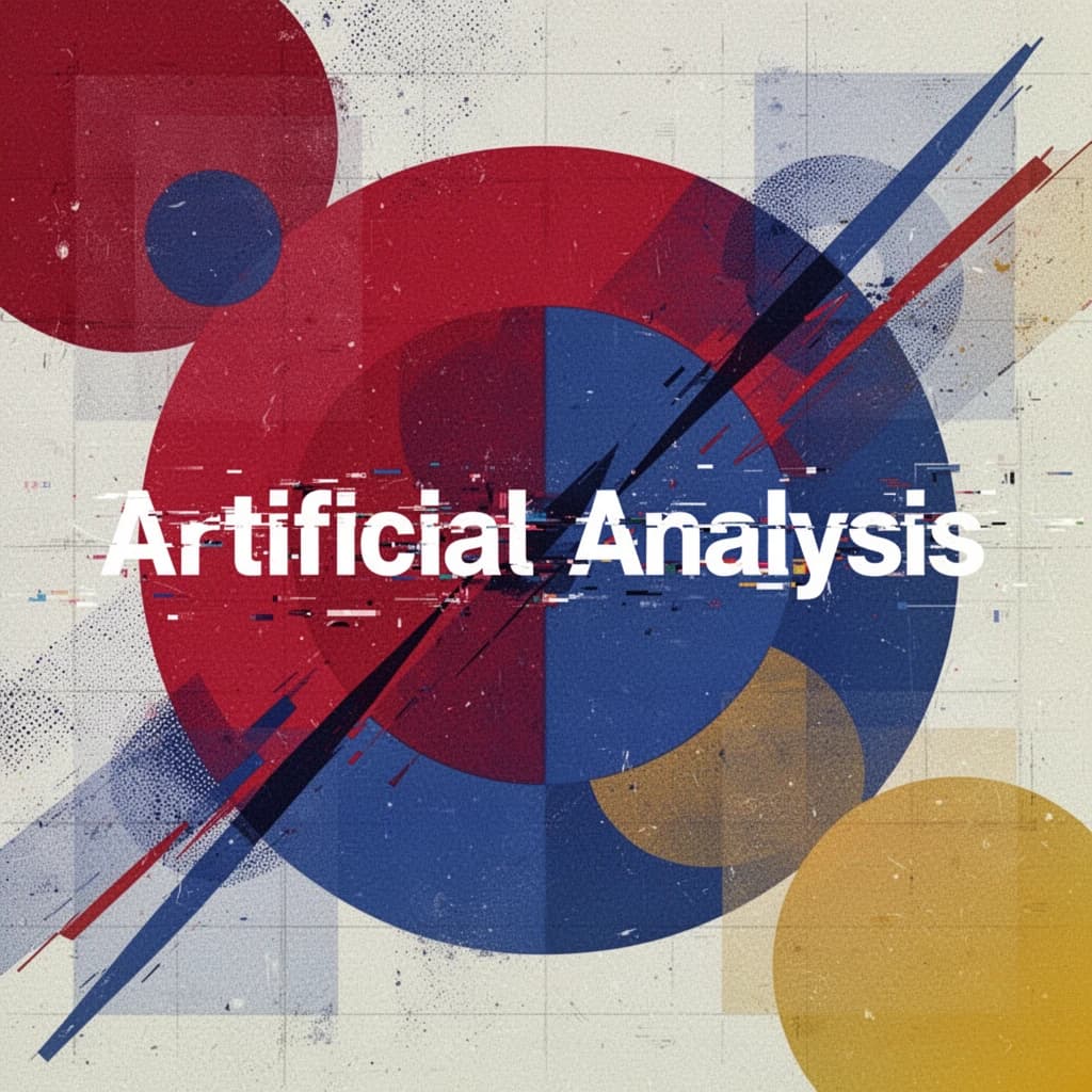 A bold poster composition dominated by flat geometric shapes in crimson, cobalt, and ochre. Overlapping circles and sharp diagonal lines create dynamic tension across the frame. A single sans-serif word — Artificial Analysis — stretches across the center in stark white, distorted slightly as though caught mid-glitch. The background is textured with halftone dots and faint grid lines, while subtle overlays of translucent rectangles suggest depth. Designed in the spirit of modernist Swiss typography fused with digital glitch aesthetics.