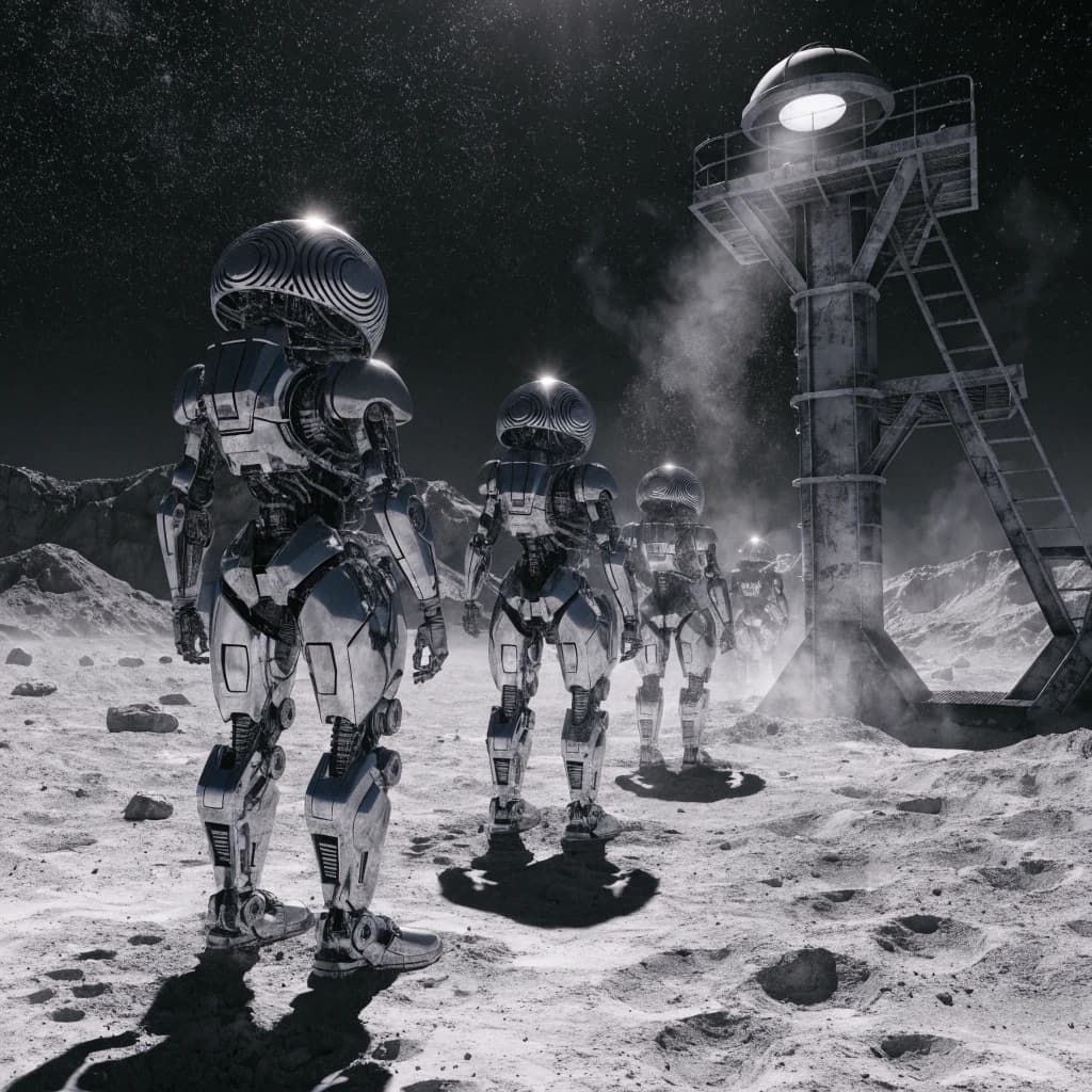 Silver exosuits queue at a dusty lunar checkpoint.