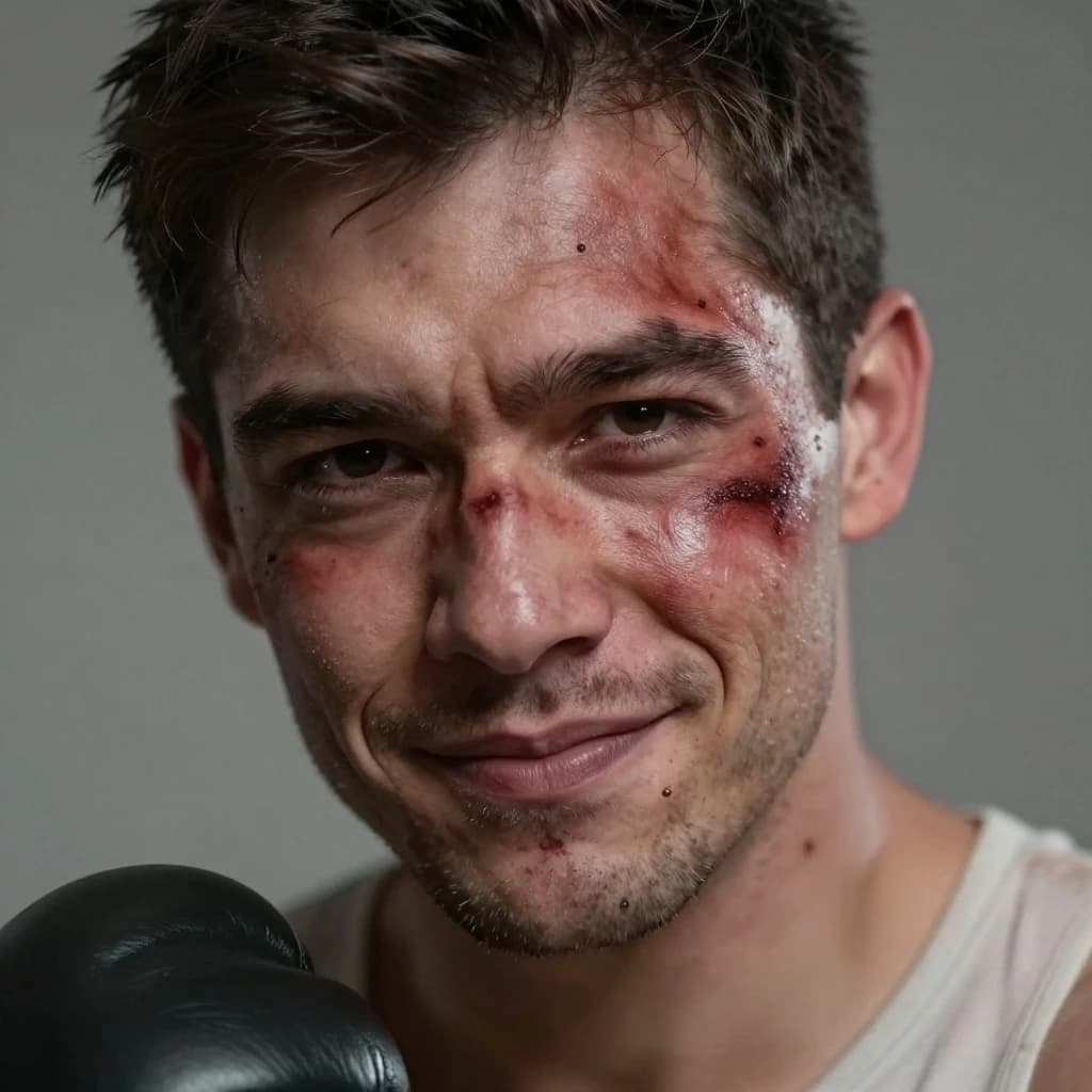 Paint a bruised boxer smiling, serious expression.