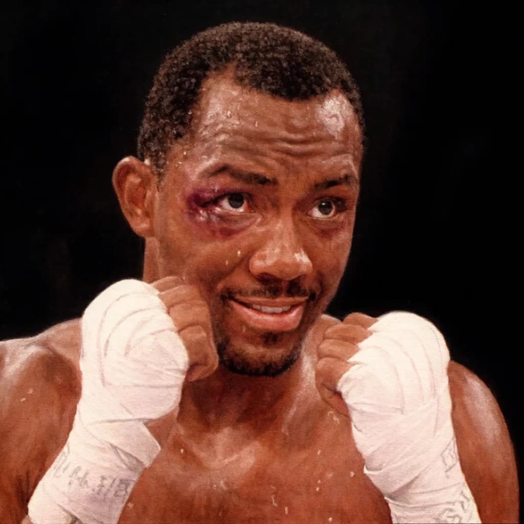 Paint a bruised boxer smiling, serious expression.