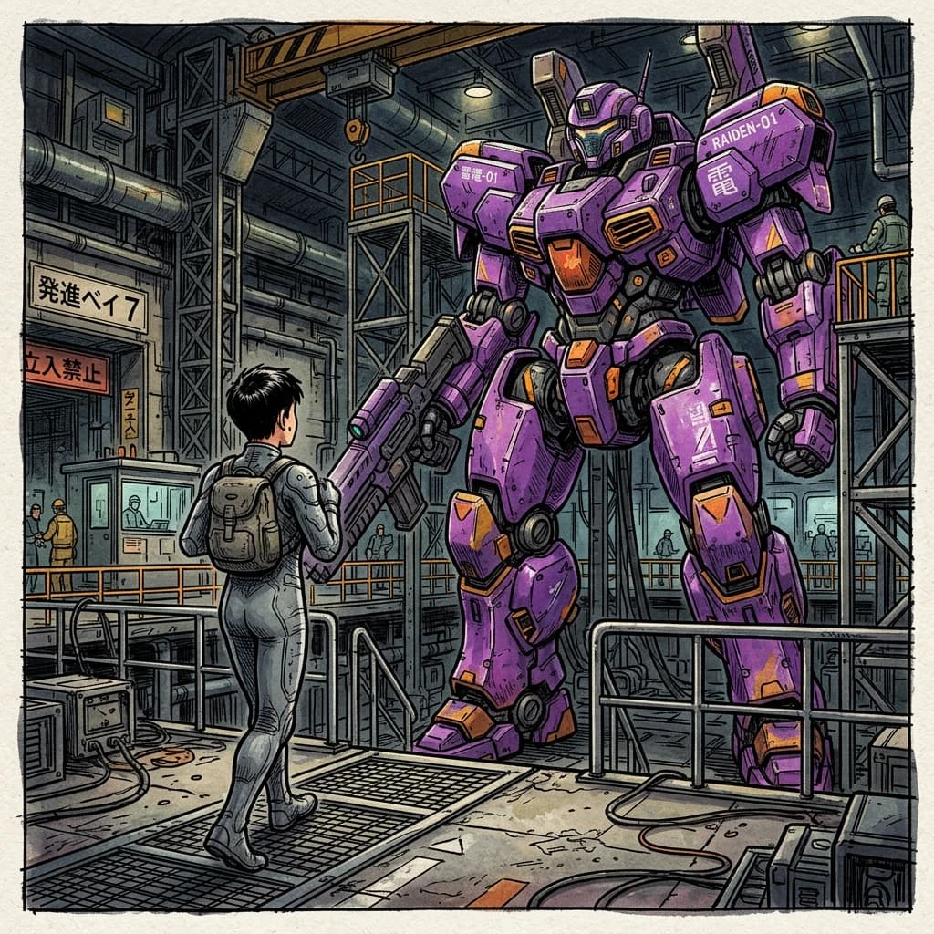 Clad in his body suit up to the neck, young Masa nervously approaches the towering mech with his back facing us. He is nervous for his first time in the field. The mech's bright purple colour scheme contrasts with the grey body suit. The scale of the mech dwarfs Masa. Hand drawn style