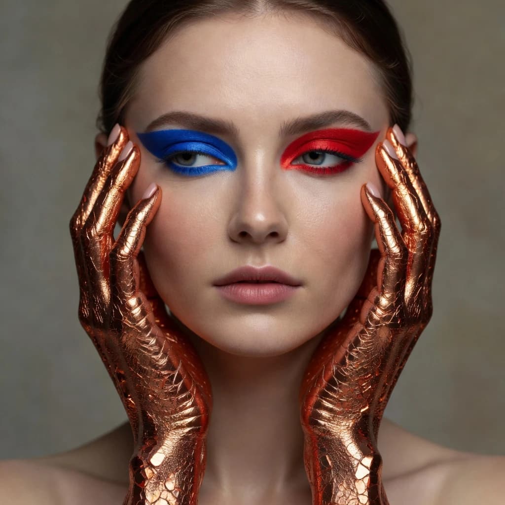 A striking close-up portrait of a woman with cracked metallic copper-painted hands framing her face. Her vivid blue and red eye makeup contrasts sharply with the smooth, pale skin and muted background, creating a bold, surreal composition. She displays an air of uncertainty about her