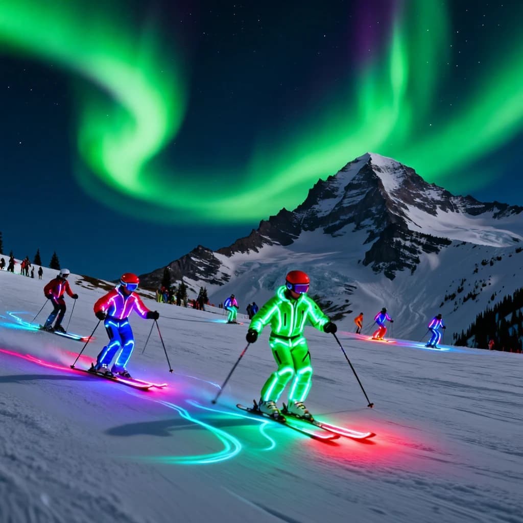 Coronet Peak Night Skiing: Skiers in colorful LED suits carve their way down the slopes of New Zealand's Coronet Peak under the Aurora Borealis, the skiers' light trails visible behind them