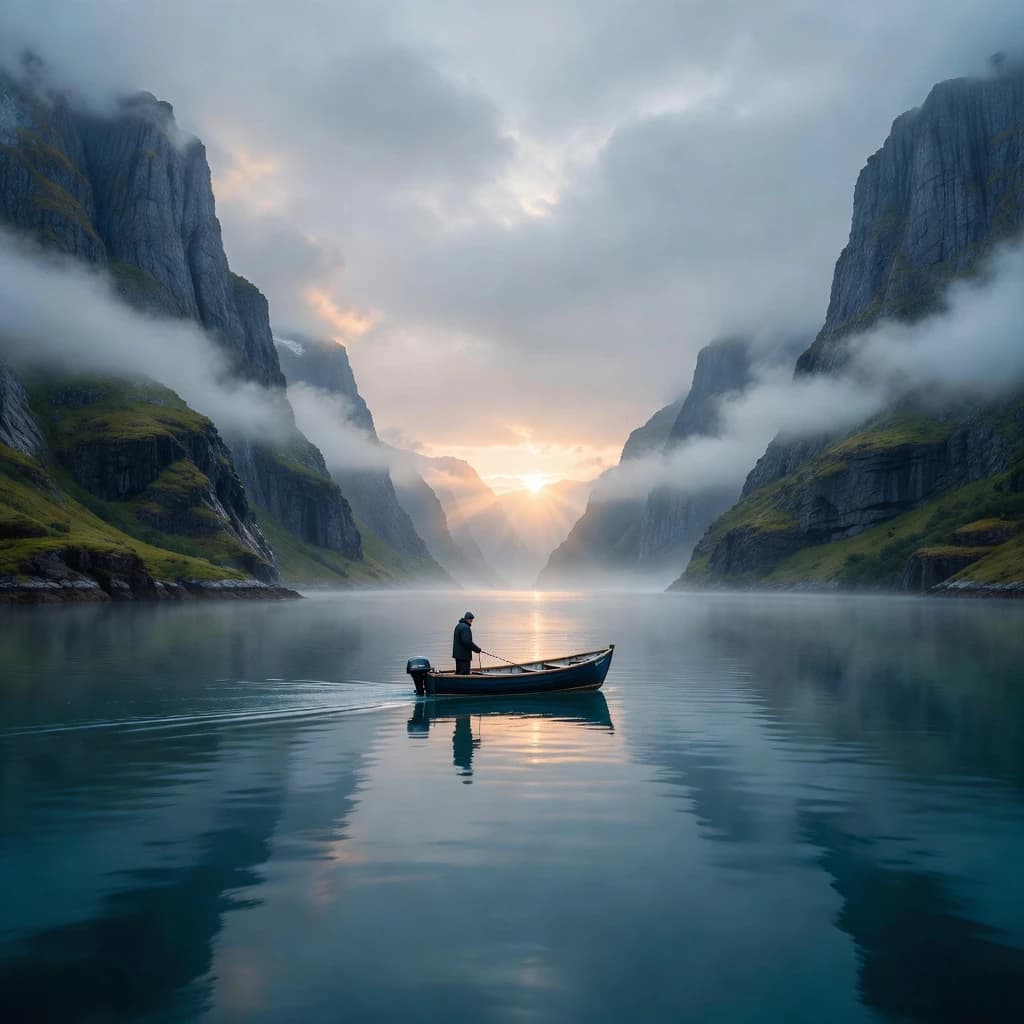 Frame a foggy fjord at sunrise, cliffs looming.