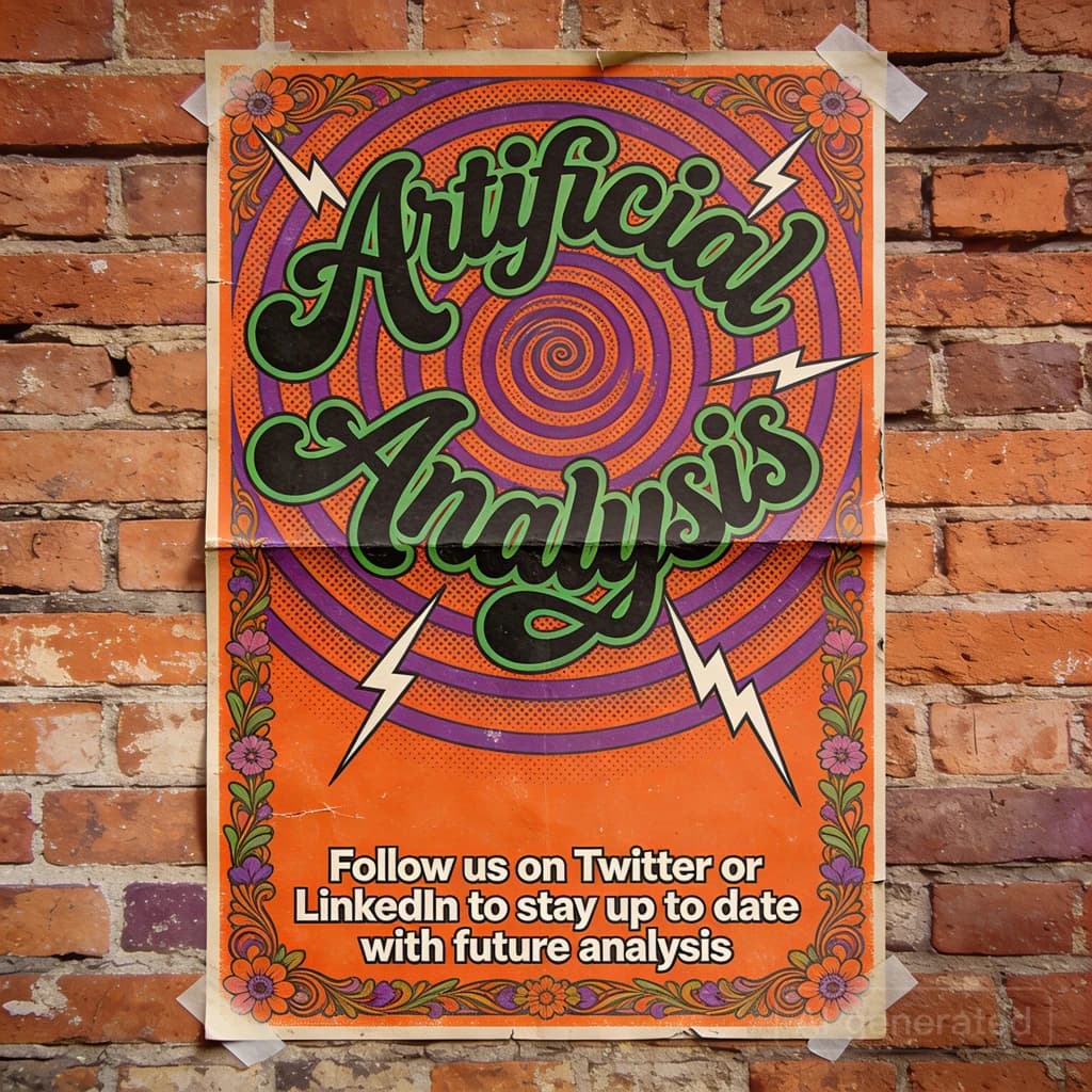 A portrait layout psychedelic concert poster from 1972 bathed in saturated oranges, deep purples, and acid greens. Swirling, hand-drawn typography arcs across the top, spelling out Artificial Analysis in bold, distorted letters that melt into spirals. Surrounded by radiating concentric circles and lightning-bolt motifs. The background is textured with halftone dots and faded paper creases, evoking a well-worn poster taped to a brick wall. Ornate floral borders frame the design, while the bottom features blocky retro lettering listing “Follow us on Twitter or LinkedIn to stay up to date with future analysis” in smaller text.
