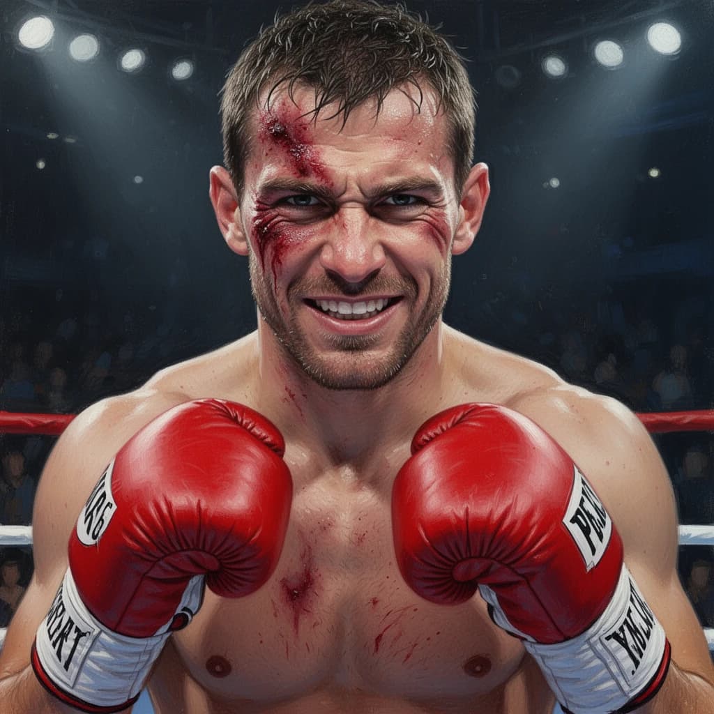 Paint a bruised boxer smiling, serious expression.