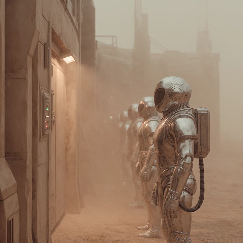 Silver exosuits queue at a dusty lunar checkpoint.