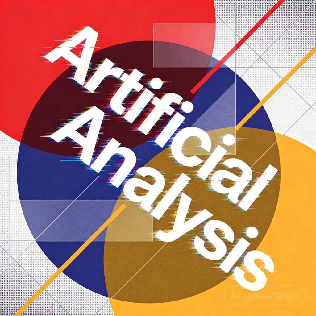 A bold poster composition dominated by flat geometric shapes in crimson, cobalt, and ochre. Overlapping circles and sharp diagonal lines create dynamic tension across the frame. A single sans-serif word — Artificial Analysis — stretches across the center in stark white, distorted slightly as though caught mid-glitch. The background is textured with halftone dots and faint grid lines, while subtle overlays of translucent rectangles suggest depth. Designed in the spirit of modernist Swiss typography fused with digital glitch aesthetics.
