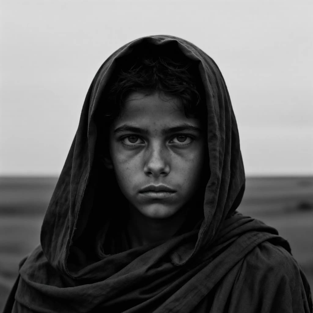 A dramatic black-and-white portrait of a young person draped in a hooded garment, their face framed by the hood's dark folds. Their skin tone and the subtle sheen on their cheeks create striking tonal contrast against the deep shadows. Their eyes are piercing, looking directly into the lens with a calm, steady intensity—neither confrontational nor submissive, but deeply present. The texture of the fabric is visible: it's dense, slightly weathered, and whisper-thin creases catch the light. In the background, an expansive, out-of-focus landscape suggests open space—perhaps distant plains or water—though the details remain soft and abstract. The overall mood is silent yet powerful, poised between vulnerability and resilience, with every highlight and shadow telling part of their story.