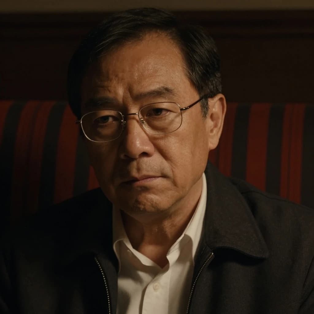 A sharply lit portrait of a middle-aged man wearing thin-rimmed glasses and a dark jacket over a white collared shirt. He gazes intently to the side, his face half illuminated by warm light while the background recedes into deep shadow. The expression is thoughtful, almost wary, as if caught mid-conversation. Behind him, a striped cushion in muted reds and blacks adds subtle texture, contrasting with the crisp highlights on his forehead and glasses. The overall mood is contemplative and cinematic, balancing warmth with tension.