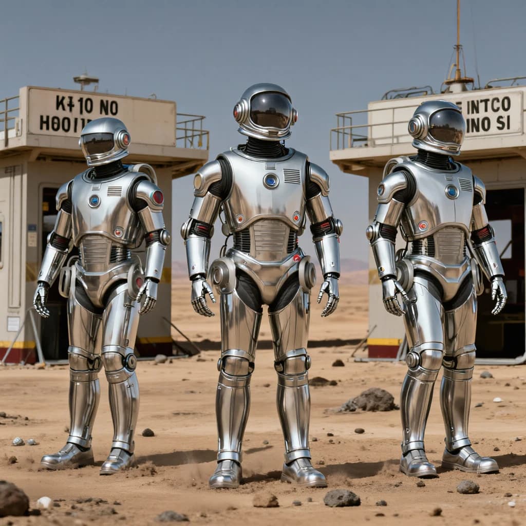 Silver exosuits queue at a dusty lunar checkpoint.