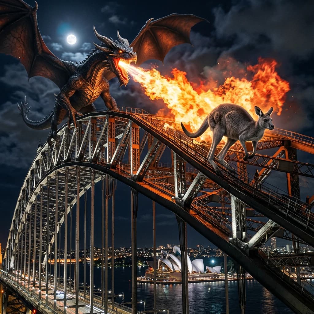 A dragon breathes fire at a kangaroo that is running away by climbing over the top of the Sydney Harbour Bridge. Opera House visible in the background.