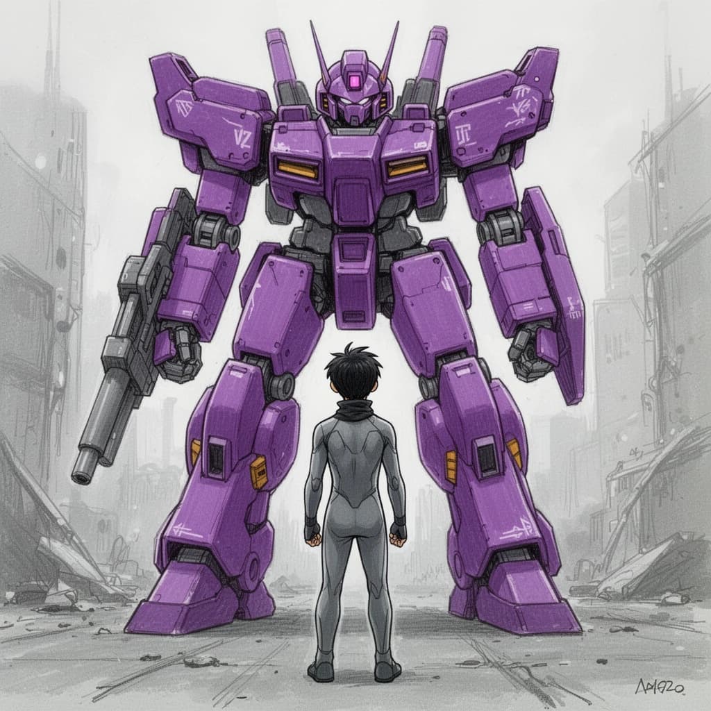 Clad in his body suit up to the neck, young Masa nervously approaches the towering mech with his back facing us. He is nervous for his first time in the field. The mech's bright purple colour scheme contrasts with the grey body suit. The scale of the mech dwarfs Masa. Hand drawn style