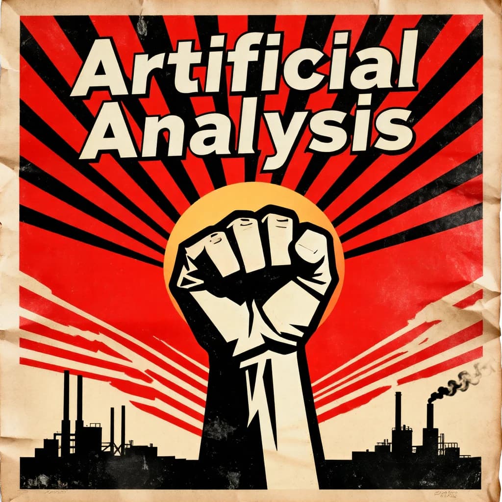 A propaganda poster in stark red, black, and beige. A clenched fist rises in the foreground, rendered with sharp geometric blocks. Behind it, radiating lines stretch upward toward a stylized sun. At the top, bold sans-serif lettering in Cyrillic-inspired type spells out Artificial Analysis, tilted at an angle for emphasis. A factory skyline silhouettes the bottom edge, smoke stacks rising into the background. The texture is rough, printed on aged paper with visible creases and ink bleed. Designed in the constructivist Soviet poster style.
