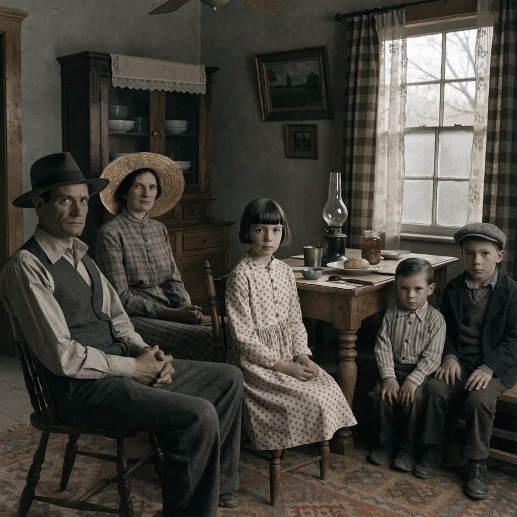 Everybody holds still and nobody smiles for the family portrait. It's 1928 in Kansas