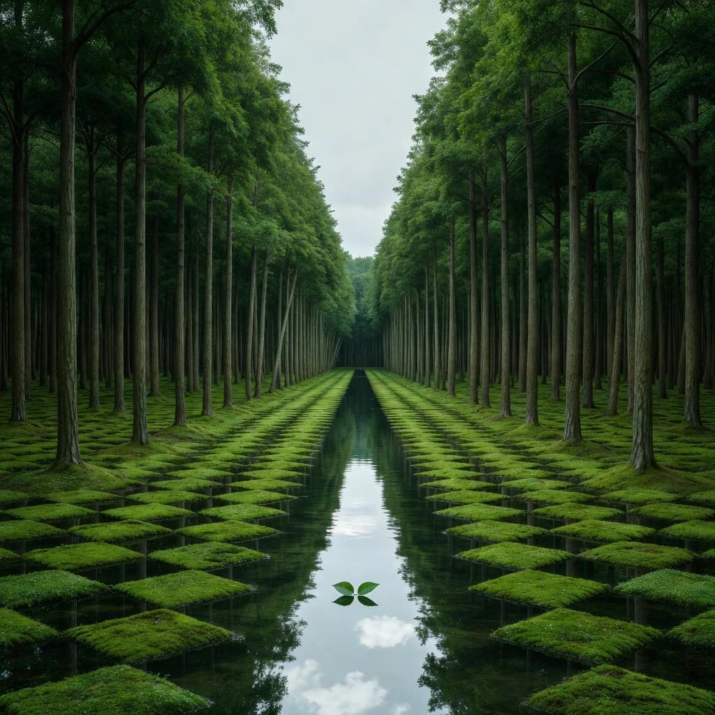 The forest is saturated green, trees identical in height and width, trunks straight, bark texture repeating. One trunk leans diagonally yet the branches remain vertical. The moss is emerald, glistening, though each patch forms identical diamond shapes. A stream runs straight, perfectly linear, water clear, reflecting clouds not visible in the sky. No animals, no insects, but one leaf floats on the water, doubled, showing two overlapping shadows.