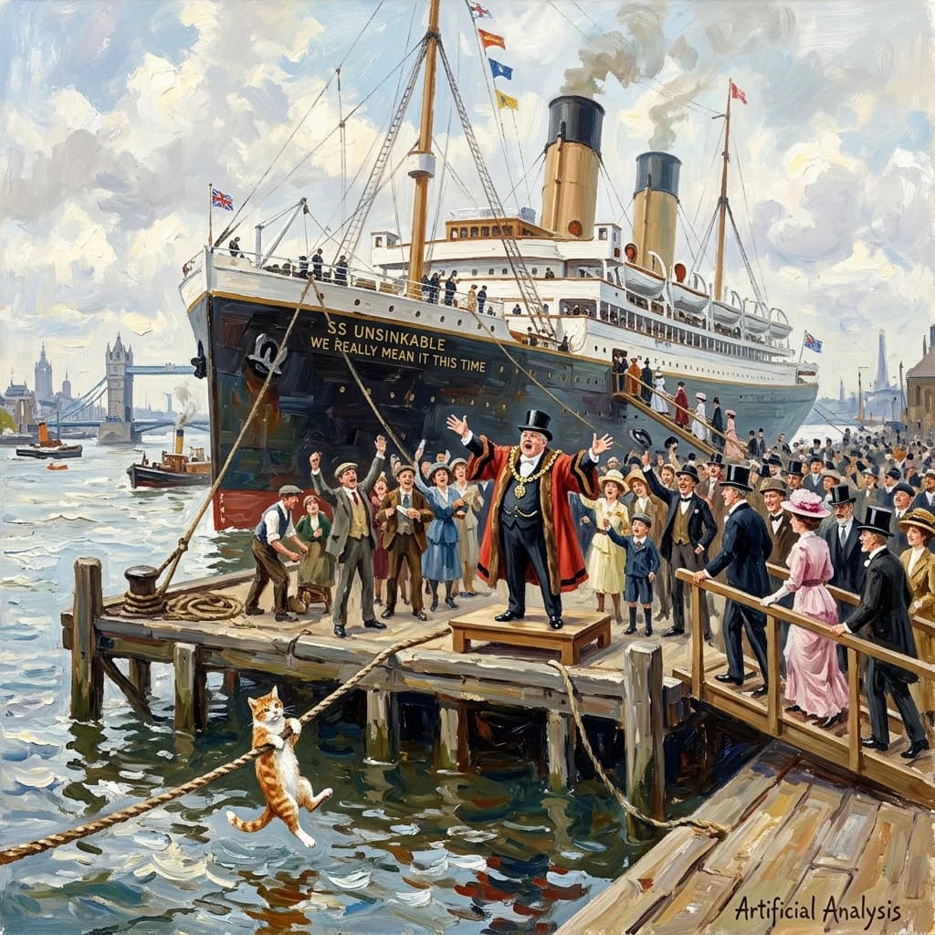 An impressionistic painting of the mighty steamer the "SS Unsinkable We Really Mean It This Time" on a cloudy but bright London morning about to set out on her maiden voyage. A jubilant crowd is gathered on the dock around the paunchy mayor who is making a speech, gesticulating wildly with his hands. The gangways are busy with well heeled ladies and gentlemen making their way onto the ship. A cheeky cat hangs over the water, clinging to the mooring rope after an ill-fated attempt to climb up. The artist has signed his name "Artificial Analysis" in the bottom corner