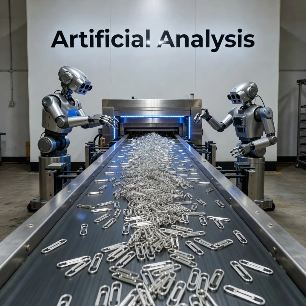 Close up point of view perspective on a conveyor belt pumping out paperclips at a maddening pace. The high tech factory has Artificial Analysis printed proudly on the wall. Robot staff look approvingly over the robust output.