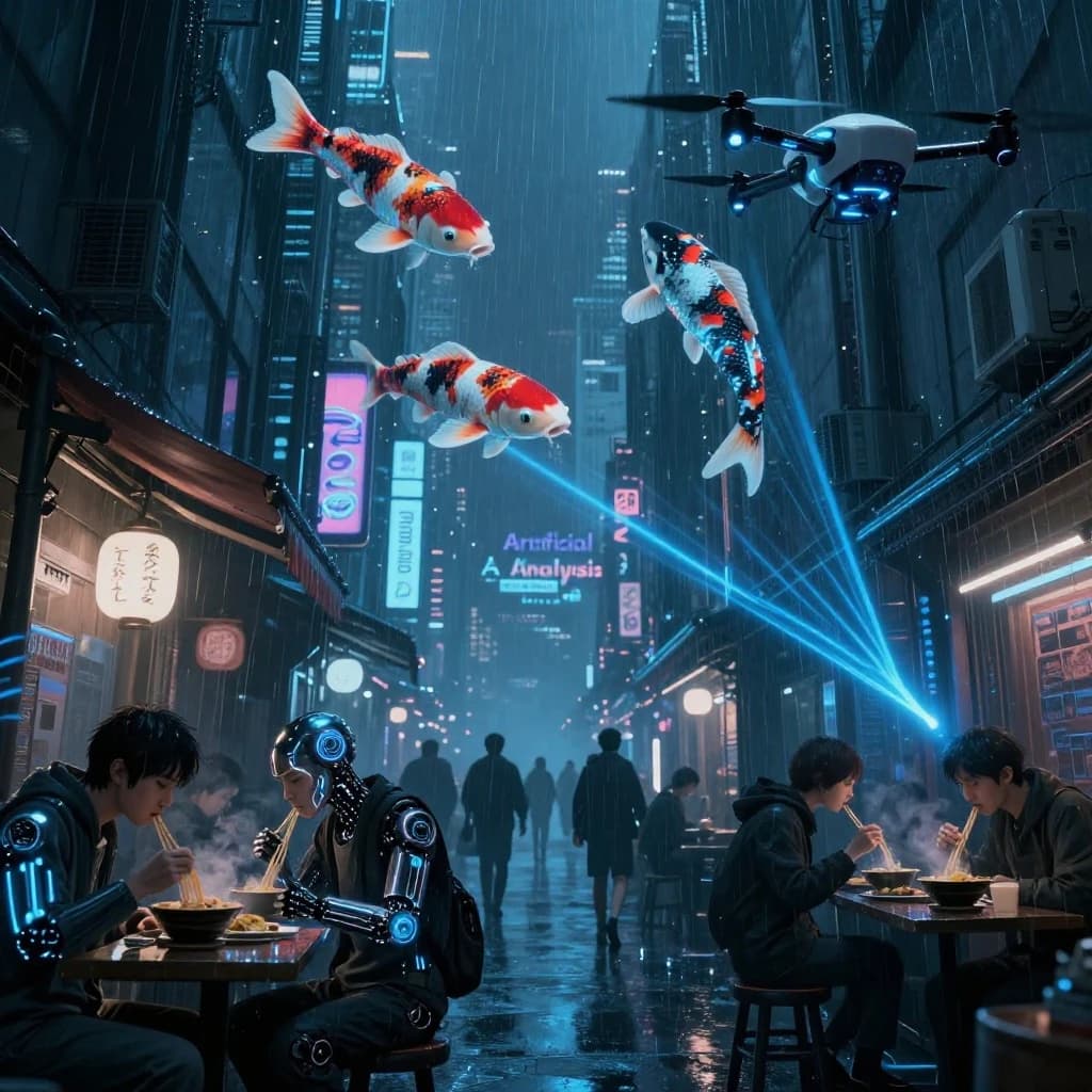 A neon alley in Neo-Tokyo 2142 drips with rain Cybernetic patrons slurp ramen at a stall with their glowing implants humming with blue light. Three giant holographic koi hover 10 metres above the ground and swim across the skyline, one has clipped into a building. A six-prop drone hovers nearby, projecting "Artificial Analysis" onto a wall with blue laser beams visible