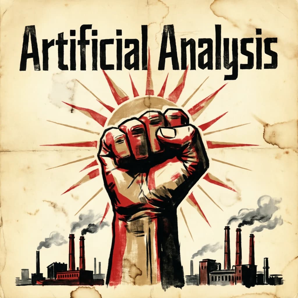 A propaganda poster in stark red, black, and beige. A clenched fist rises in the foreground, rendered with sharp geometric blocks. Behind it, radiating lines stretch upward toward a stylized sun. At the top, bold sans-serif lettering in Cyrillic-inspired type spells out Artificial Analysis, tilted at an angle for emphasis. A factory skyline silhouettes the bottom edge, smoke stacks rising into the background. The texture is rough, printed on aged paper with visible creases and ink bleed. Designed in the constructivist Soviet poster style.