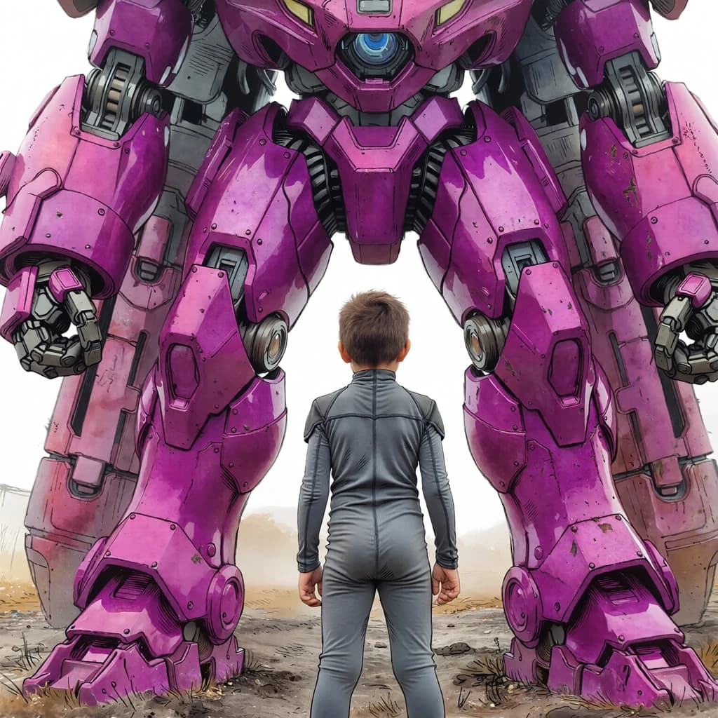 Clad in his body suit up to the neck, young Masa nervously approaches the towering mech with his back facing us. He is nervous for his first time in the field. The mech's bright purple colour scheme contrasts with the grey body suit. The scale of the mech dwarfs Masa. Hand drawn style