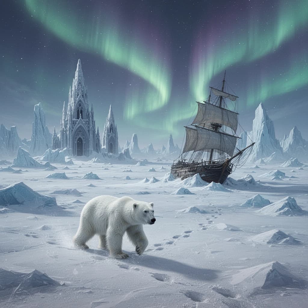 An endless tundra stretches outward, littered with jagged icebergs shaped like cathedral spires. A polar bear trudges across the foreground but leaves no tracks. Auroras ripple overhead. A half-buried shipwreck juts from the snow — sails billowing despite the still air.