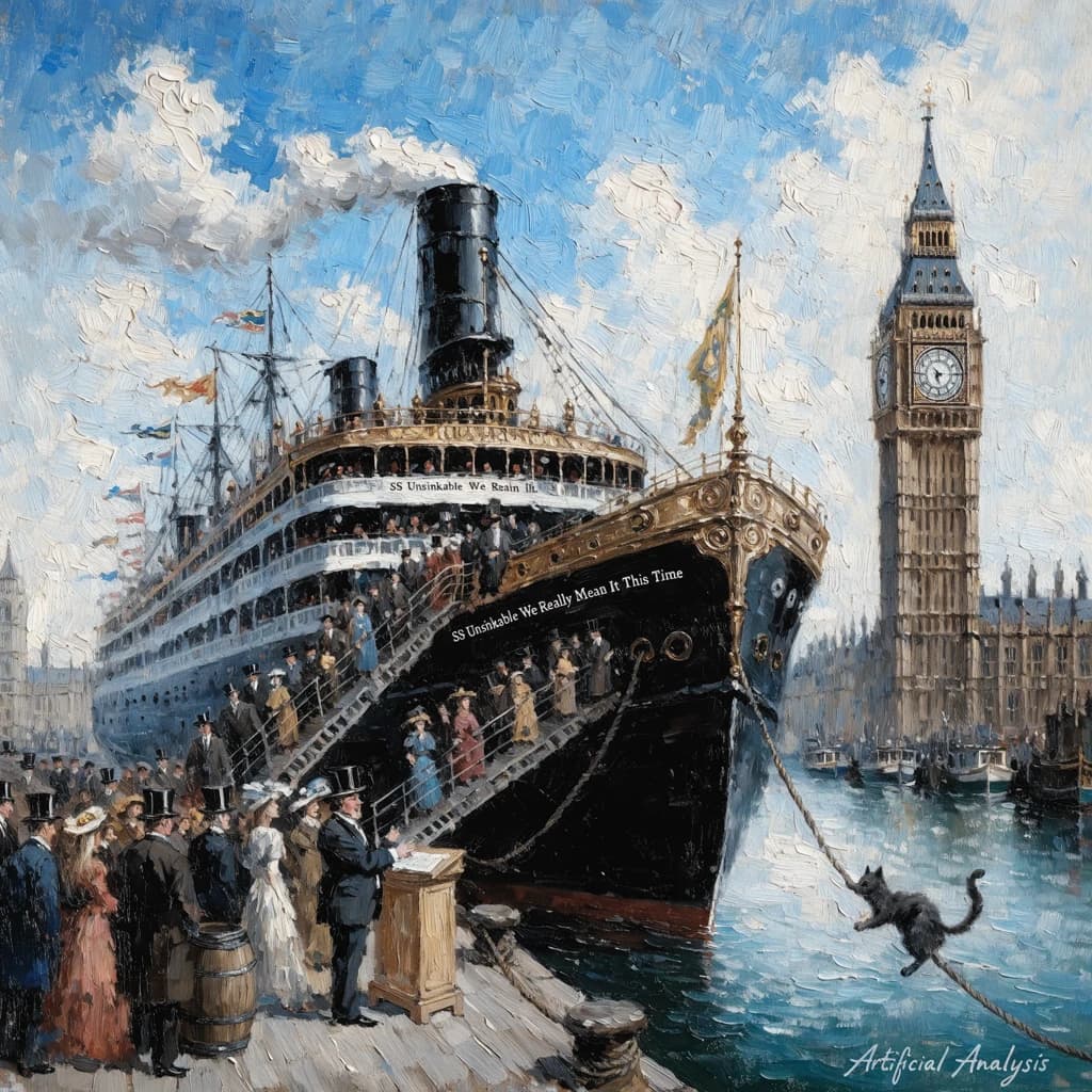 An impressionistic painting of the mighty steamer the "SS Unsinkable We Really Mean It This Time" on a cloudy but bright London morning about to set out on her maiden voyage. A jubilant crowd is gathered on the dock around the paunchy mayor who is making a speech, gesticulating wildly with his hands. The gangways are busy with well heeled ladies and gentlemen making their way onto the ship. A cheeky cat hangs over the water, clinging to the mooring rope after an ill-fated attempt to climb up. The artist has signed his name "Artificial Analysis" in the bottom corner