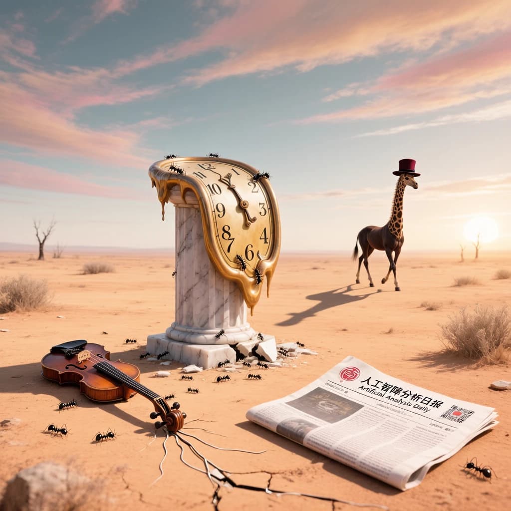 A vast desert plain stretches endlessly under a sky streaked with pale pink and ochre clouds. In the center stands a colossal clock, its face drooping and melting over the edge of a broken marble column. Ants swarm across its warped surface, glinting in the harsh sunlight. To the right, a horse with a giraffe like neck wearing a top hat strides toward the horizon, its shadow stretching miles across the sand. A cracked violin lies half-buried in the foreground, strings snapping outward like veins. Painted in the dreamlike surrealist style. A newspaper named the "Artificial Analysis Daily" lies on the Floor.