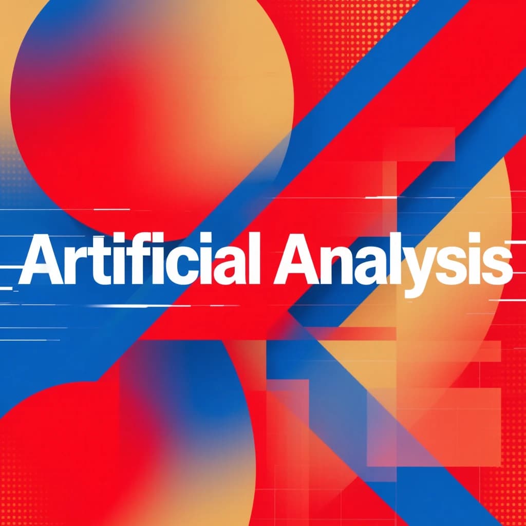 A bold poster composition dominated by flat geometric shapes in crimson, cobalt, and ochre. Overlapping circles and sharp diagonal lines create dynamic tension across the frame. A single sans-serif word — Artificial Analysis — stretches across the center in stark white, distorted slightly as though caught mid-glitch. The background is textured with halftone dots and faint grid lines, while subtle overlays of translucent rectangles suggest depth. Designed in the spirit of modernist Swiss typography fused with digital glitch aesthetics.