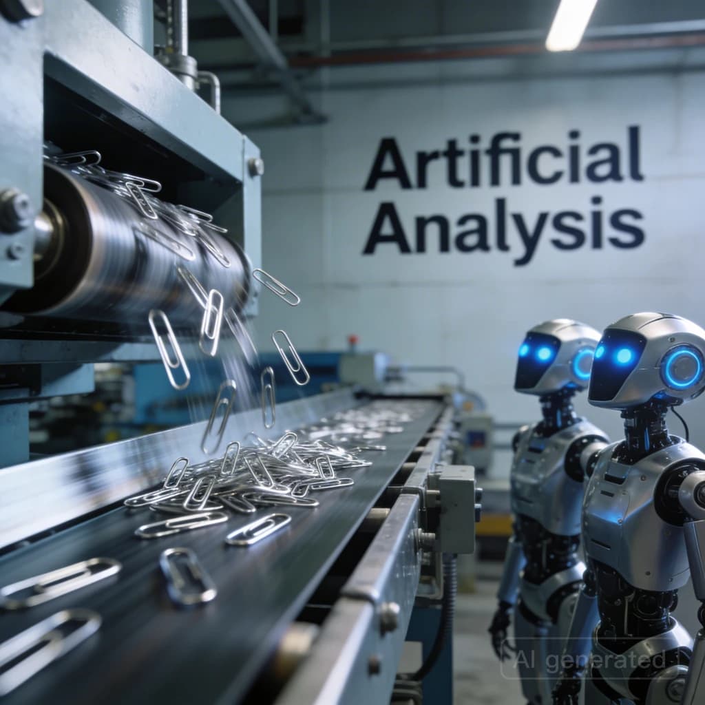 Close up point of view perspective on a conveyor belt pumping out paperclips at a maddening pace. The high tech factory has Artificial Analysis printed proudly on the wall. Robot staff look approvingly over the robust output.