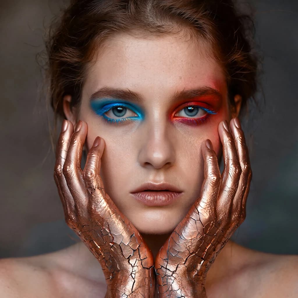 A striking close-up portrait of a woman with cracked metallic copper-painted hands framing her face. Her vivid blue and red eye makeup contrasts sharply with the smooth, pale skin and muted background, creating a bold, surreal composition. She displays an air of uncertainty about her