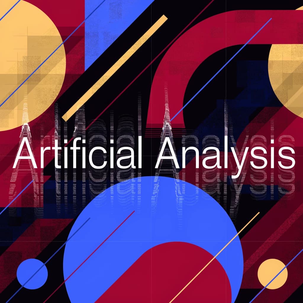 A bold poster composition dominated by flat geometric shapes in crimson, cobalt, and ochre. Overlapping circles and sharp diagonal lines create dynamic tension across the frame. A single sans-serif word — Artificial Analysis — stretches across the center in stark white, distorted slightly as though caught mid-glitch. The background is textured with halftone dots and faint grid lines, while subtle overlays of translucent rectangles suggest depth. Designed in the spirit of modernist Swiss typography fused with digital glitch aesthetics.