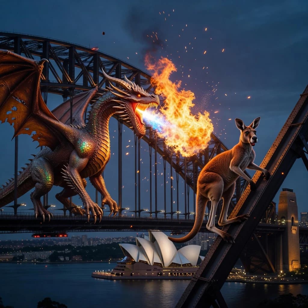 A dragon breathes fire at a kangaroo that is running away by climbing over the top of the Sydney Harbour Bridge. Opera House visible in the background.