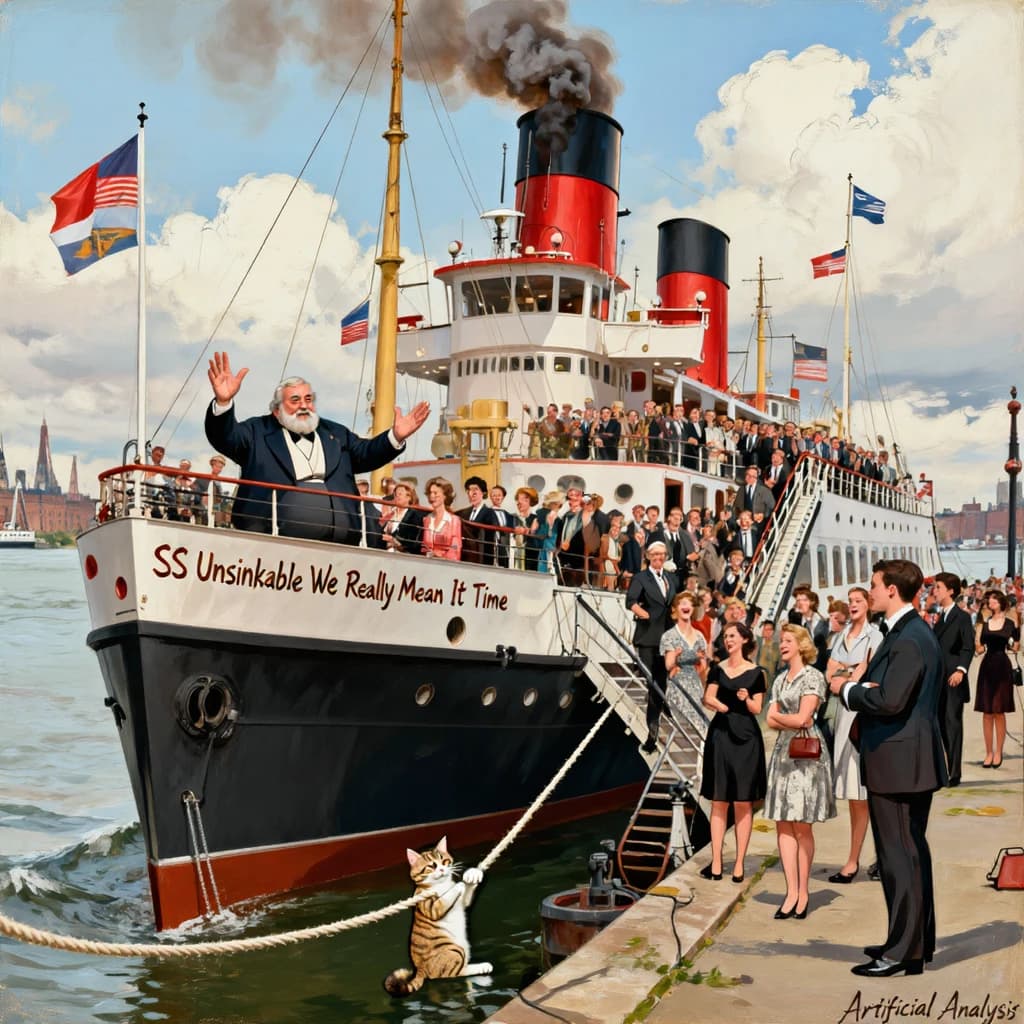 An impressionistic painting of the mighty steamer the "SS Unsinkable We Really Mean It This Time" on a cloudy but bright London morning about to set out on her maiden voyage. A jubilant crowd is gathered on the dock around the paunchy mayor who is making a speech, gesticulating wildly with his hands. The gangways are busy with well heeled ladies and gentlemen making their way onto the ship. A cheeky cat hangs over the water, clinging to the mooring rope after an ill-fated attempt to climb up. The artist has signed his name "Artificial Analysis" in the bottom corner