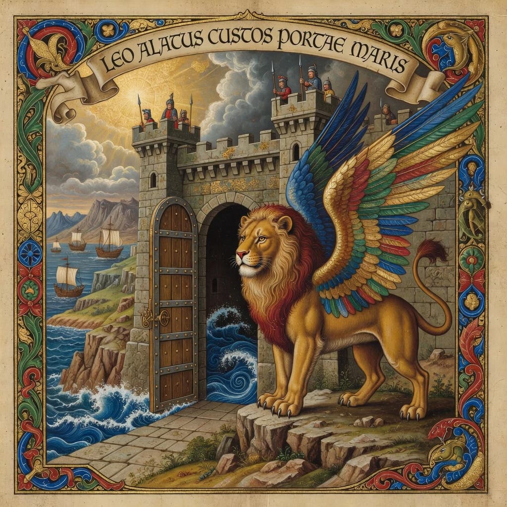 Paint an illuminated manuscript scene of a winged lion guarding a sea gate.