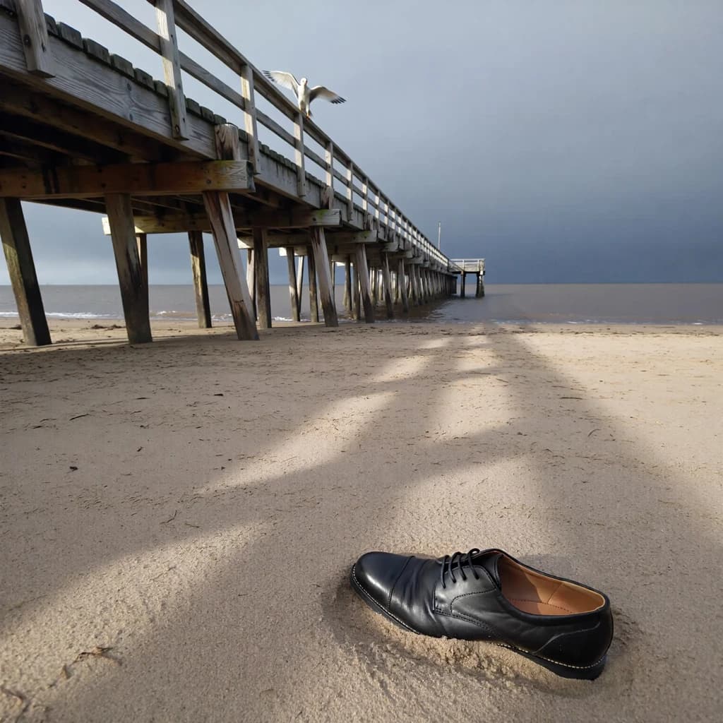The beach is flat, sand beige, granular, no shells, except for a single left shoe, black leather, size eleven, half buried at an angle. The pier extends straight into the water, wood untreated, grain visible, though the support posts vanish before they touch the surface. The sky is uniformly gray, no clouds, yet shadows stretch at sharp diagonals. A single gull sits on the railing, wings outstretched, frozen mid-flap, no movement.