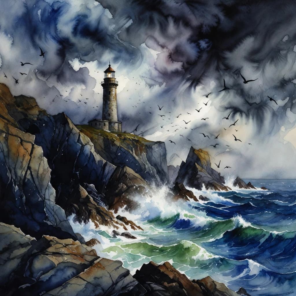 Please paint a watercolor of stormy cliffs and a lighthouse, moody sky.