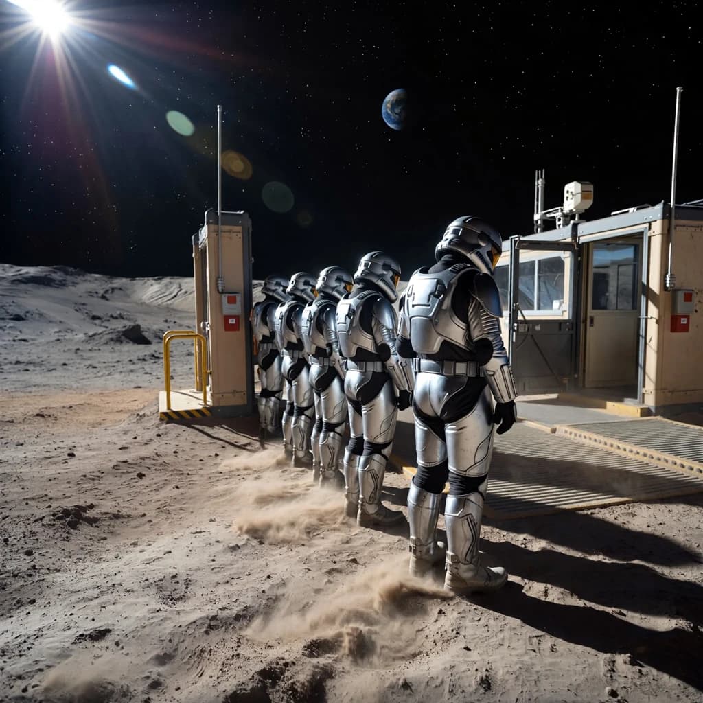 Silver exosuits queue at a dusty lunar checkpoint.