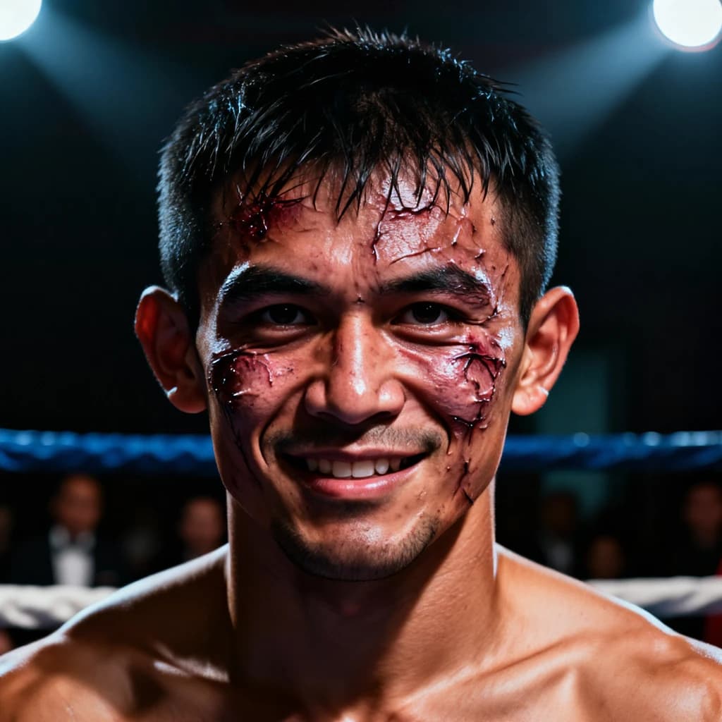 Paint a bruised boxer smiling, serious expression.