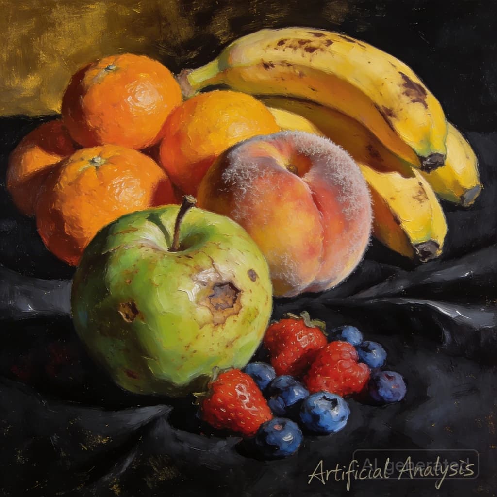 A still life scene painted oil on canvas, comprising various fruits on a black table cloth with striking lighting coming from the right out of frame, creating strong shadows. A bruised green apple is in the foreground, a peach behind it, and behind that a melange of oranges and bananas in various states of ripeness. Berries are strewn in front of the apple. The artist has signed his name "Artificial Analysis" in the bottom right corner in a hurried fashion.