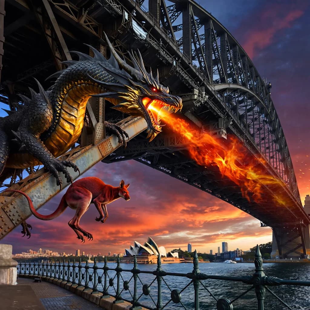 A dragon breathes fire at a kangaroo that is running away by climbing over the top of the Sydney Harbour Bridge. Opera House visible in the background.