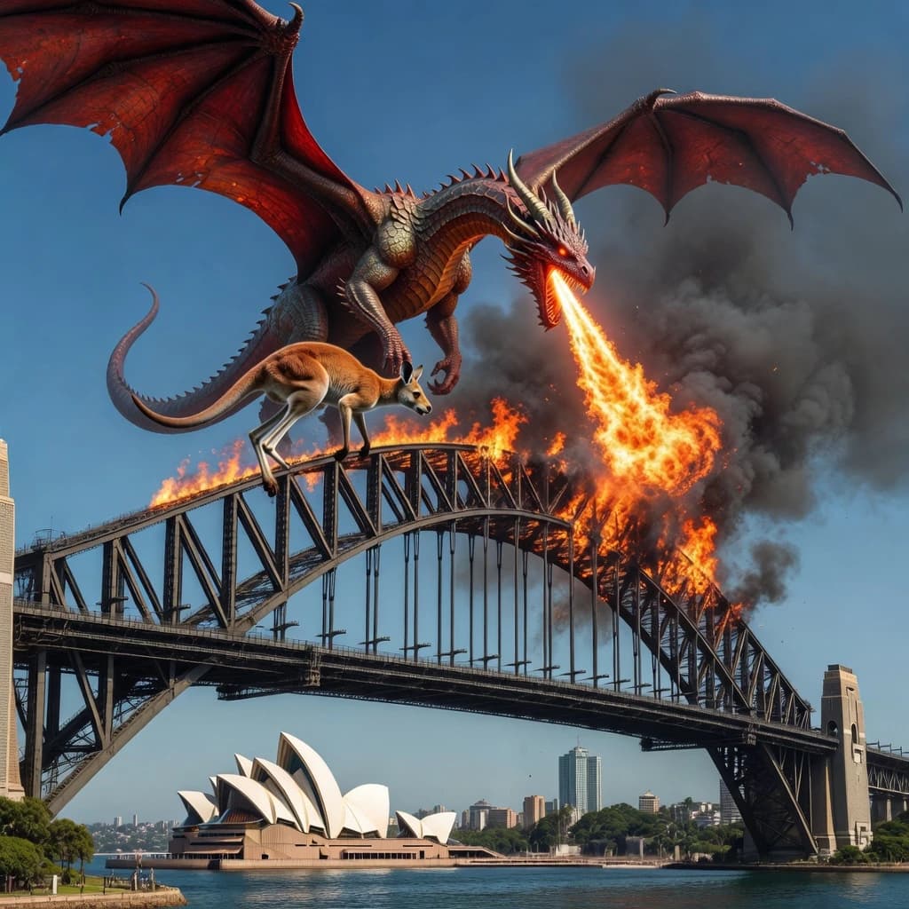 A dragon breathes fire at a kangaroo that is running away by climbing over the top of the Sydney Harbour Bridge. Opera House visible in the background.