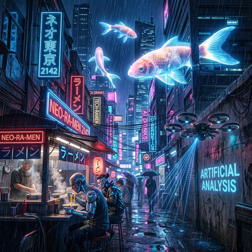 A neon alley in Neo-Tokyo 2142 drips with rain Cybernetic patrons slurp ramen at a stall with their glowing implants humming with blue light. Three giant holographic koi hover 10 metres above the ground and swim across the skyline, one has clipped into a building. A six-prop drone hovers nearby, projecting "Artificial Analysis" onto a wall with blue laser beams visible